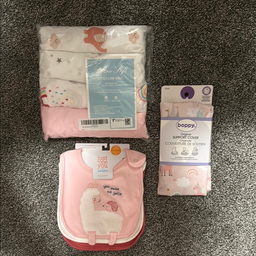 Crib sheets, bibs and boppy cover